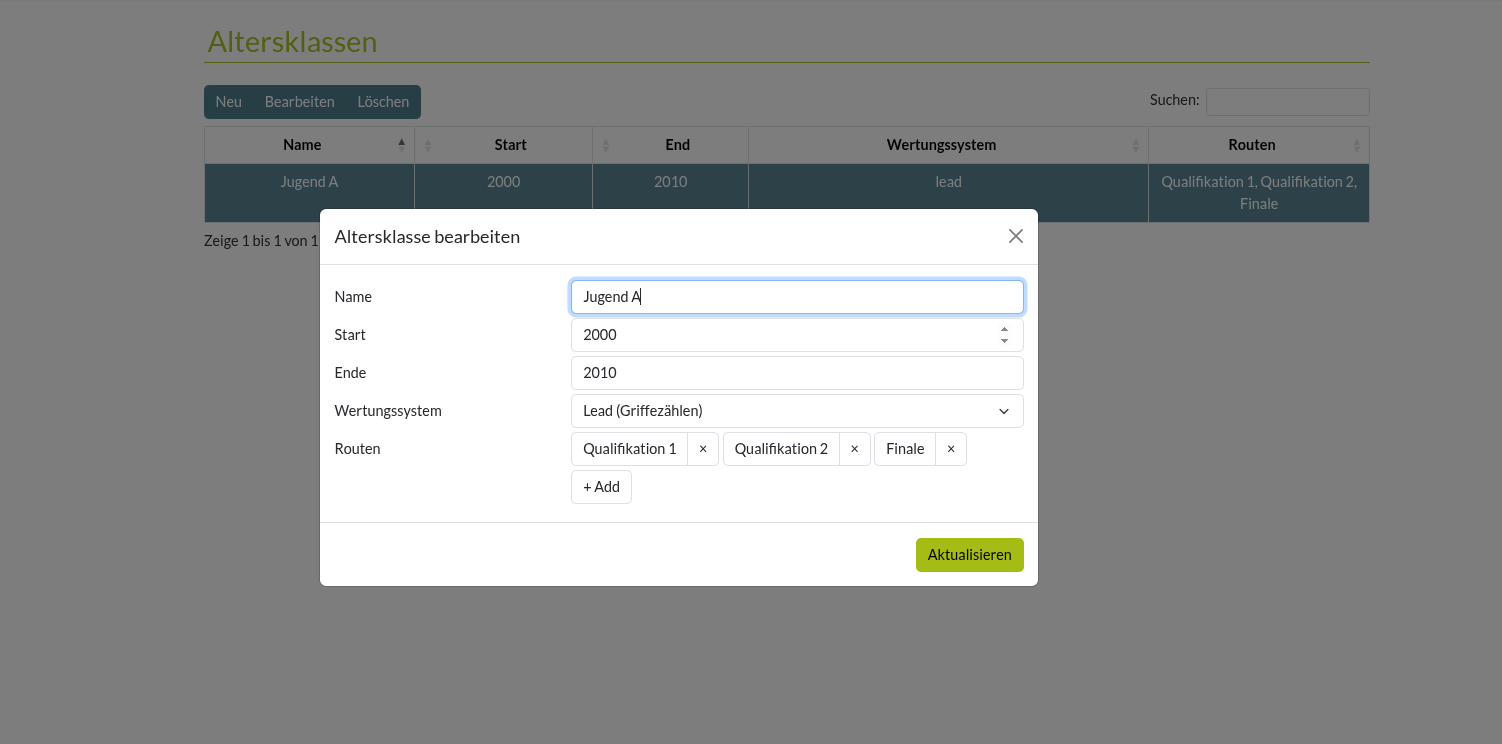 Altersklasse und Routen anlegen