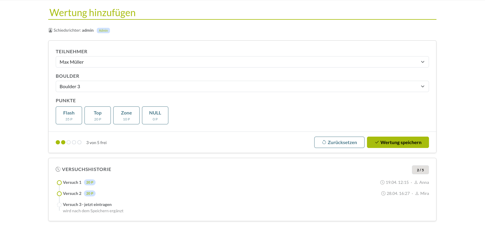 Boulder Wertung eintragen